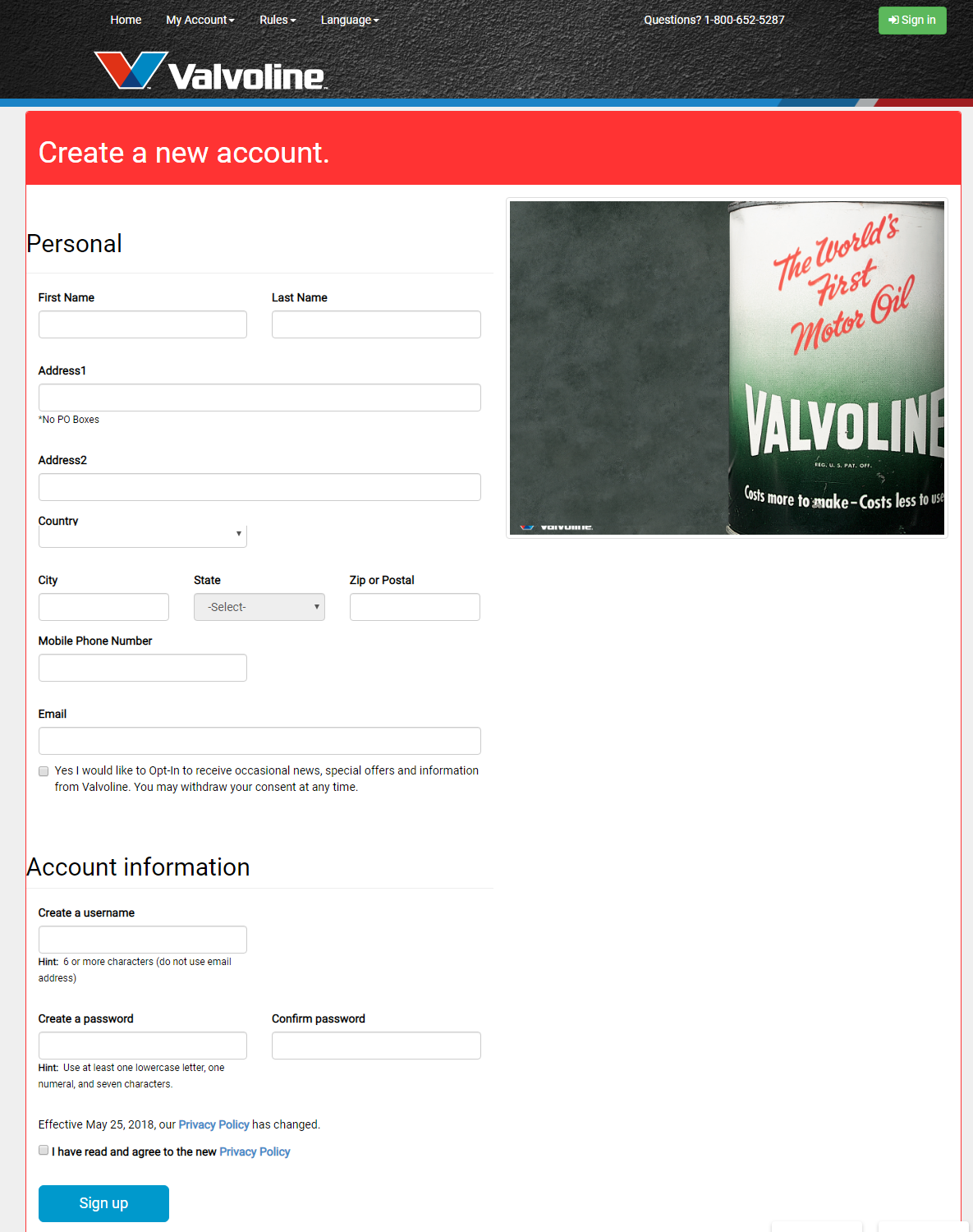 Valvoline Create a new account