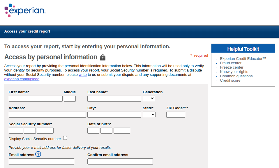 Experian Access your credit report